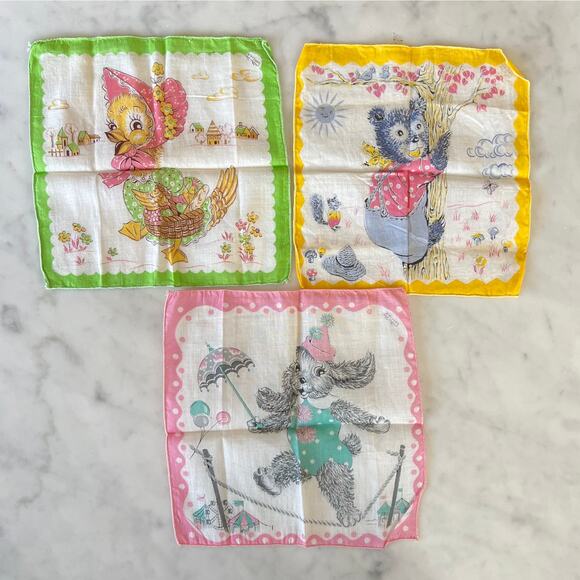 Vintage 50s 60s Duck, Bear and Dog Animal Hankies / Set of Three - Picture 8 of 8